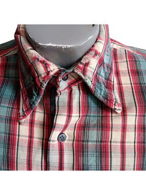 True Vintage Skater Shirt Large 70's Plaid Cotton Distressed Red/Teal 16-16.5